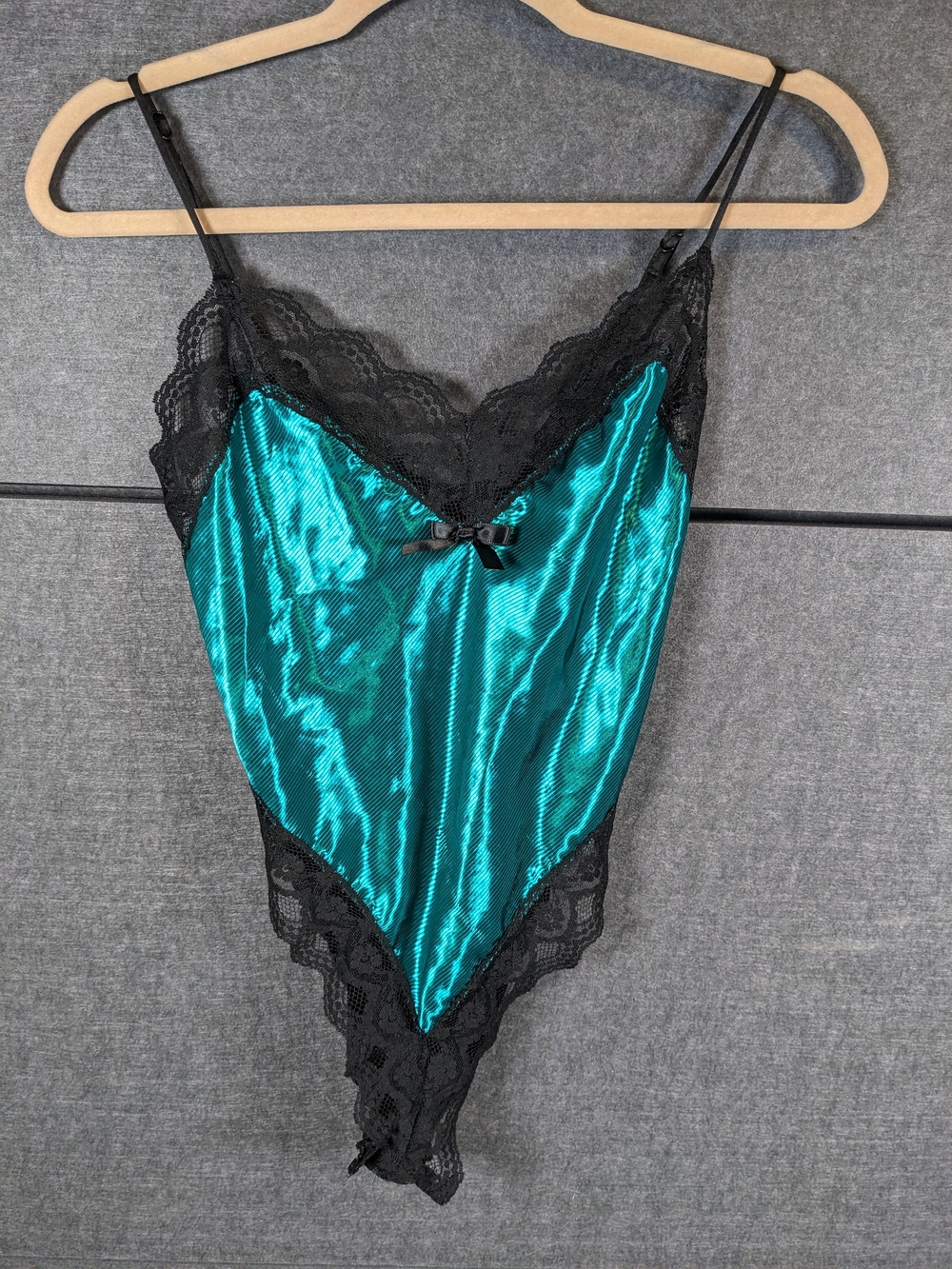 Teal Satin and Black Lace Chemise Bodysuit